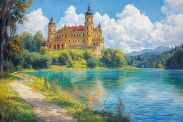 Obraz premium Picturesque castle by calm lake, sunny day.