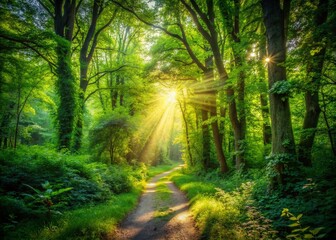 Obraz premium Vintage Lush Green Forest - Sunlight Dappled Path Stock Photo