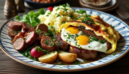 Traditional Bavarian Meatloaf with Eggs and Fresh Vegetables on a Rustic Wooden Table