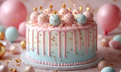 Pink and blue drip cake, gold stars, festive.