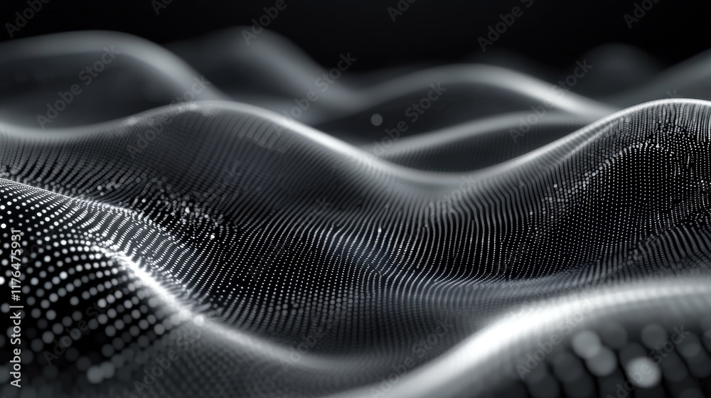 Poster futuristic black and white technology background with abstract wavy patterns and dots representing d