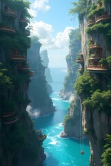 Fototapeta premium Two high cliffs with a bright blue river flowing between them. The cliffs are covered with many terraces and balconies where green plants grow