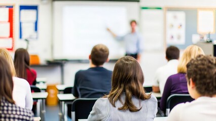 Student Slide Show Blur: A student presenting slides with blurred audience in the classroom
