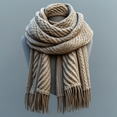 Beige knitted scarf, textured, fringed ends.