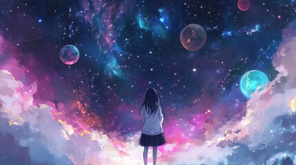 Fototapeta premium Vibrant cosmic nebula filled with brilliant stars and distant planets, a celestial display of color and wonder in the universe