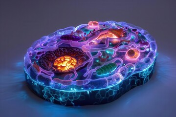 A colorful, illuminated model of a cell showcasing its various organelles and structures.