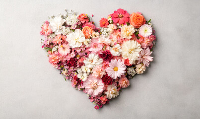A heart made of flowers is displayed on a grey background