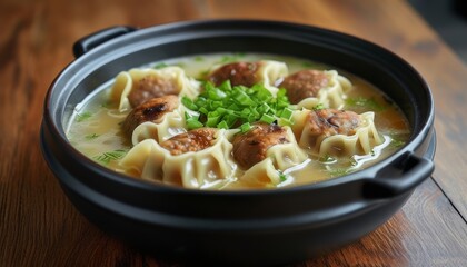 Delicious Dumpling Soup with Tender Meatballs and Fresh Chopped Green Onions in Bowl