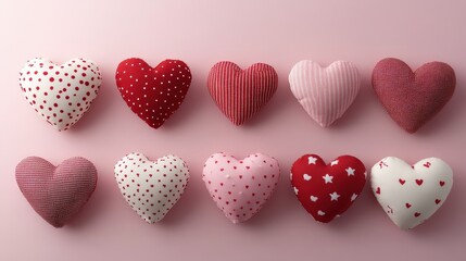 Fototapeta premium Charming Textile Hearts in Various Designs on Soft Pink Background Perfect for Valentine's Day Celebrations and Romantic Decor 199 Characters