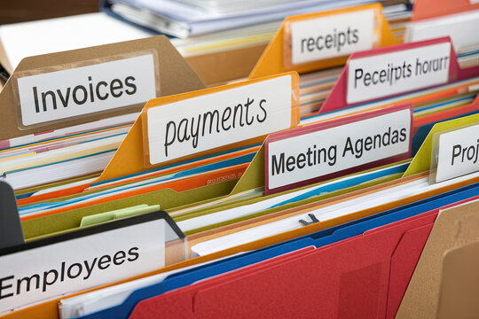 Stack of colorful folders labeled with work categories