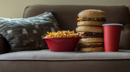 Couch of Indulgence, a cluttered couch symbolizing a lifestyle filled with junk food and inactivity, showcasing modern leisure habits.