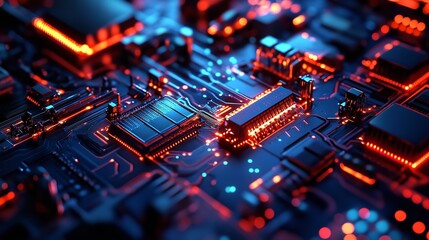 Close-Up of a Futuristic AI Interface with Glowing Neon Circuit Board Background, Highlighting Intricate Details of Artificial Intelligence Technology in a High-Tech Setting

