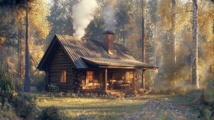 Cozy woodland cabin with smoke curling from chimney, surrounded by tall trees and a serene atmosphere, inviting warmth and tranquility