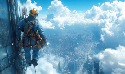 Worker rappelling skyscraper, city cloudscape below.