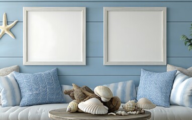 Coastal home decor mockup with two blank frames, seashells, and blue wall.