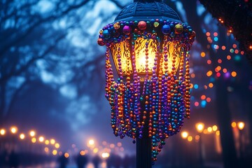 An ornately decorated lantern illuminates a festive evening street scene.