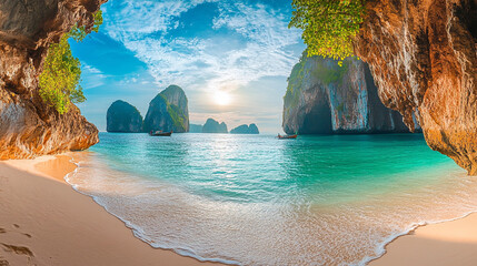 Serene tropical beach with towering cliffs and tranquil waters during sunset