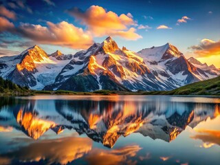 Fototapeta premium Majestic Snowcapped Mountain Lake Sunset Aerial Photography - Calm Water Reflection