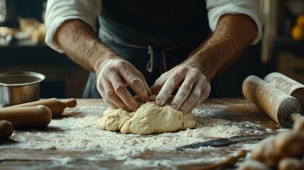 Baker kneading dough, kitchen, flour, baking