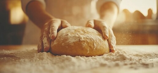 Baker kneads dough, kitchen, flour, baking