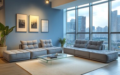 Modern living room with city view, evening relaxation.