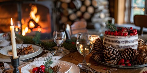 Fototapeta premium A cozy holiday table setting with a festive cake and warm ambiance.