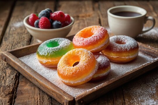 A tray of vibrant jelly donuts dusted with powdered sugar on a rustic wooden table in soft morning light.