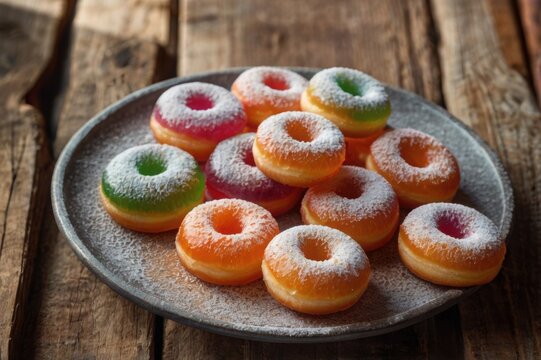 A tray of colorful jelly donuts with powdered sugar on top, sitting on a rustic wooden table with soft morning light