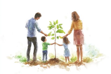 A family of four planting a young sapling together, symbolizing unity and eco-consciousness for an environmental campaign.