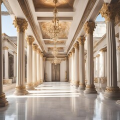 Obraz premium Light floods a spacious grand hall adorned with tall columns and sparkling chandeliers. 