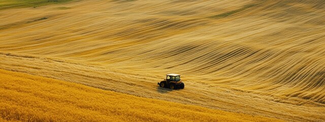 Obraz premium Tractor in Golden Wheat Field, a farmer skillfully navigating a lush expanse of ripe wheat under a clear blue sky, embodying rural life and agriculture.