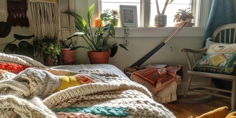 A cozy living space featuring plants, a blanket, and decorative elements by a window.