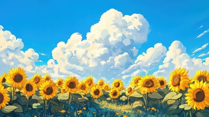 Fototapeta premium Vibrant sunflower field basking under a clear blue sky, showcasing nature's beauty and warmth in full bloom