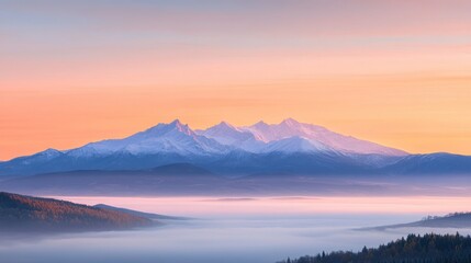 Fototapeta premium Miedziane peak illuminated by the warm glow of sunrise, with Szpiglasowa Przelecz and the rugged Tatras stretching out beneath a pastel-