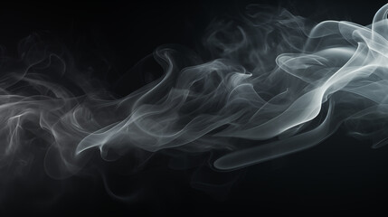 Fototapeta premium Smoke clouds, steam mist fog and white foggy vapor. Realistic smoke particles isolated on black background. Beautiful swirling gray smoke.