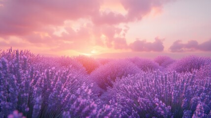Fototapeta premium Lavender Field at Dusk, vibrant purple blooms stretching across the landscape, soft pink hues enveloping the sky, peaceful and serene ambiance