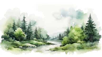 Fototapeta premium green forest depicted in a watercolor painting. Ideal for nature-themed designs