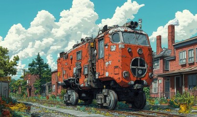 Obraz premium Rusty orange train on overgrown tracks.