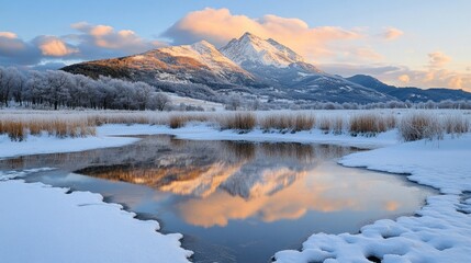 Fototapeta premium Mount Legnone snowy peak and its dawn-lit reflection surrounded by frosty floodwaters in Pian di Spagna, with a backdrop of soft clouds.