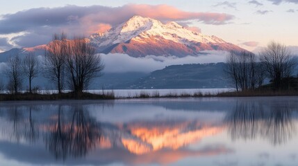 Mount Legnone snowy peak and its dawn-lit reflection surrounded by frosty floodwaters in Pian di Spagna, with a backdrop of soft clouds.
