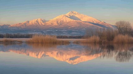 Obraz premium Mount Legnone's snowy peak highlighted by golden sunrise hues, mirrored in the clear, undisturbed floodplain of Pian di Spagna.