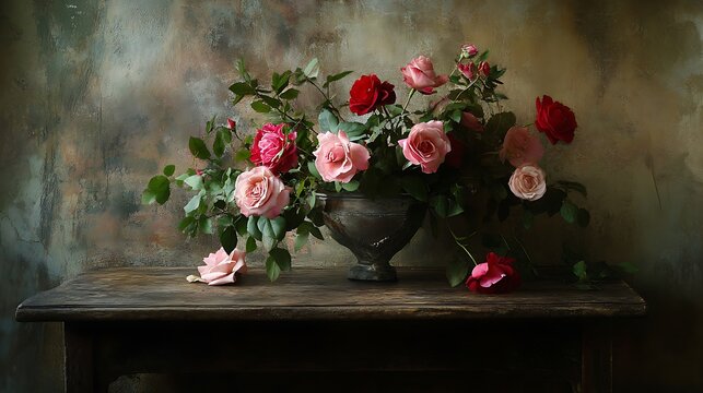 A lush bouquet of pink and red roses on a rustic table
