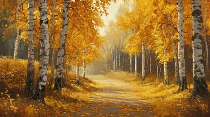 Golden Autumn Clearing, vibrant forest space filled with fallen leaves, warm hues of orange and yellow, serene atmosphere, inviting tranquility