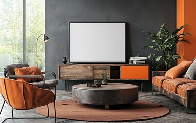 Modern living room with blank frame, orange accents, wood furniture, for lifestyle or interior design.