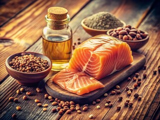 Vintage Photo of Fish Oil Capsules and Healthy Foods, Omega-3 Supplements