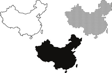 Stylized China Map Variations: Minimal Outline, Dotted Grid, and Solid Shadow Designs
