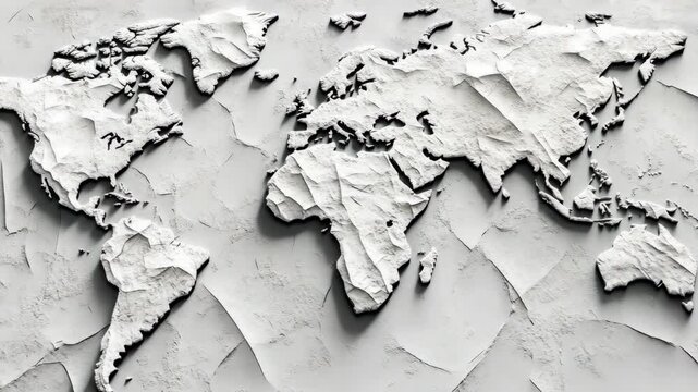 Intricate textured world map created with layered paper in a monochrome design showcasing global geography