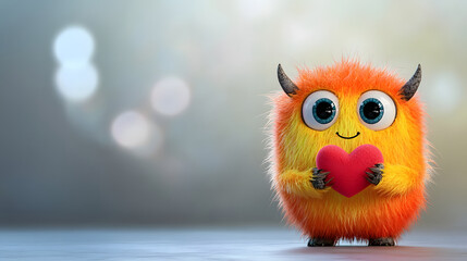 Fluffy orange monster with big eyes holding red heart, cute and playful
