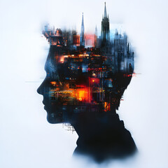 image features silhouette of person with vibrant cityscape integrated into their profile, symbolizing creativity and urban