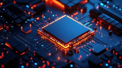 Obraz premium Glowing Circuit Board, minimalist design, blue and black theme, intricate patterns, modern technology aesthetic, futuristic ambiance